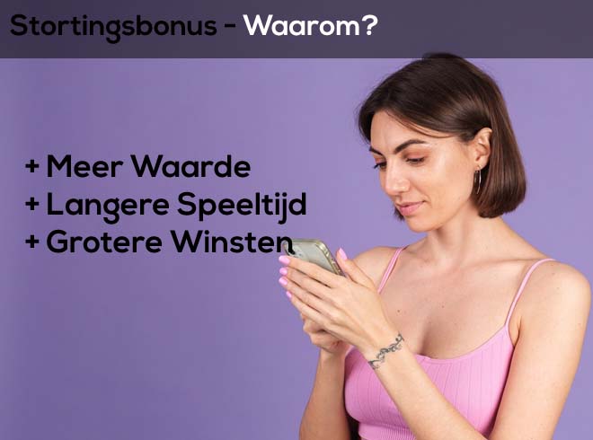 Meisje kijkt naar telefoon met tekst 'beste stortingsbonus'